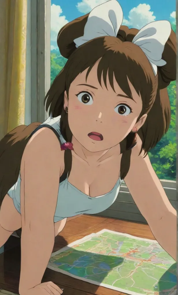 ghibli style, sexy woman sitting down on bef with hands between her legs looking up at the viewer, view from above, wearing a choker, ponytail, green eyes, bangs, brown hair, big lips