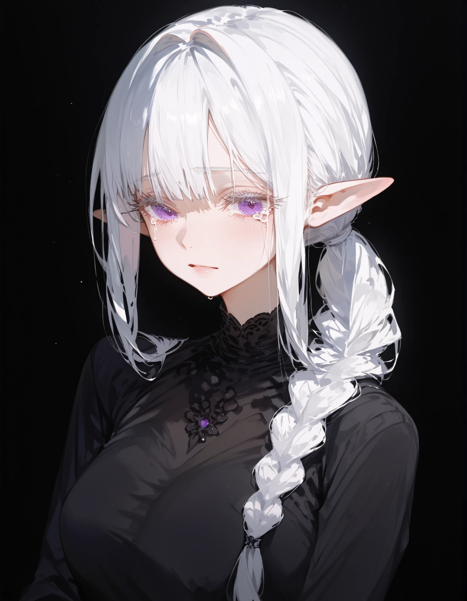girl, white hair, in purple eyes,White hair, ponytail,Black Long Sleeve Shirt,medium chest,black background,Body Shape,slim,pigtail,I braided my hair,Long Eyelashes,milf,in the naked eye,awesome,shorts, ponytail,slim,Pointed ears,Tears,Funeral dress,