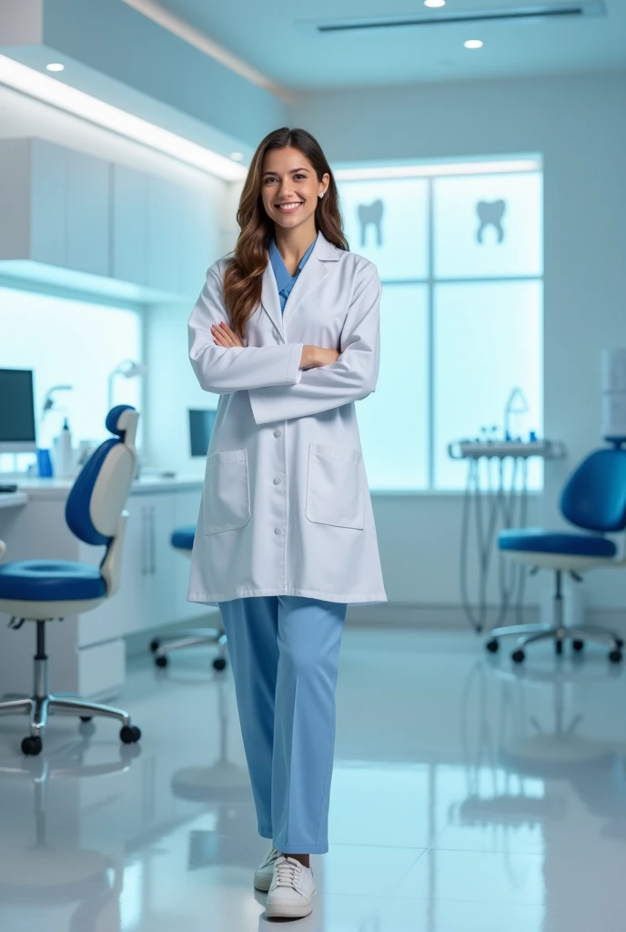 (medium full shot) of (vivacious doctor) young woman, italian, green eyes, tan skin, curvy, ginger French twist hair, wearing a light blue medical uniform top,khakis,comfortable medical shoes, eyeglasses, smiling at the viewer, set in Operating Room, Surgeon Station, Organized workstation with a computer monitor displaying patient records, ergonomic chair for comfortable seating, shelves filled with medical reference books, a whiteboard for surgical planning, a phone for communication with the surgical team, at sunset, Masterpiece,best quality, photorealistic, amazing quality, very aesthetic, extremely detailed face,