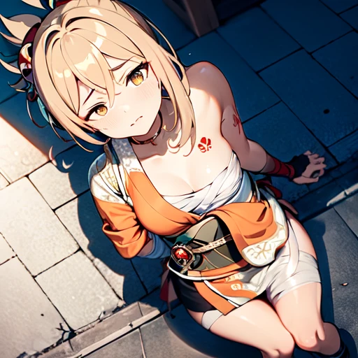 ((masterpiece, best quality)), high resolution,ultra detailed,8k,16k,detailed background, perfect lighting,detailed beautiful eyes, 1girl,solo,nsfw,embarrassed,blush,steam,sweat,in heat,look at viewer,face focus,(cowboy shot,from above,lying,on back:1.4),show off pussy,provocative eyes,fisheye lens,be breathless,(show off armpits),
,slender,pale skin,medium breast,yoimiyadef
yoimiyarnd,blond green hair,ponytail,hair ornament,(anime style,colorful),japan style town