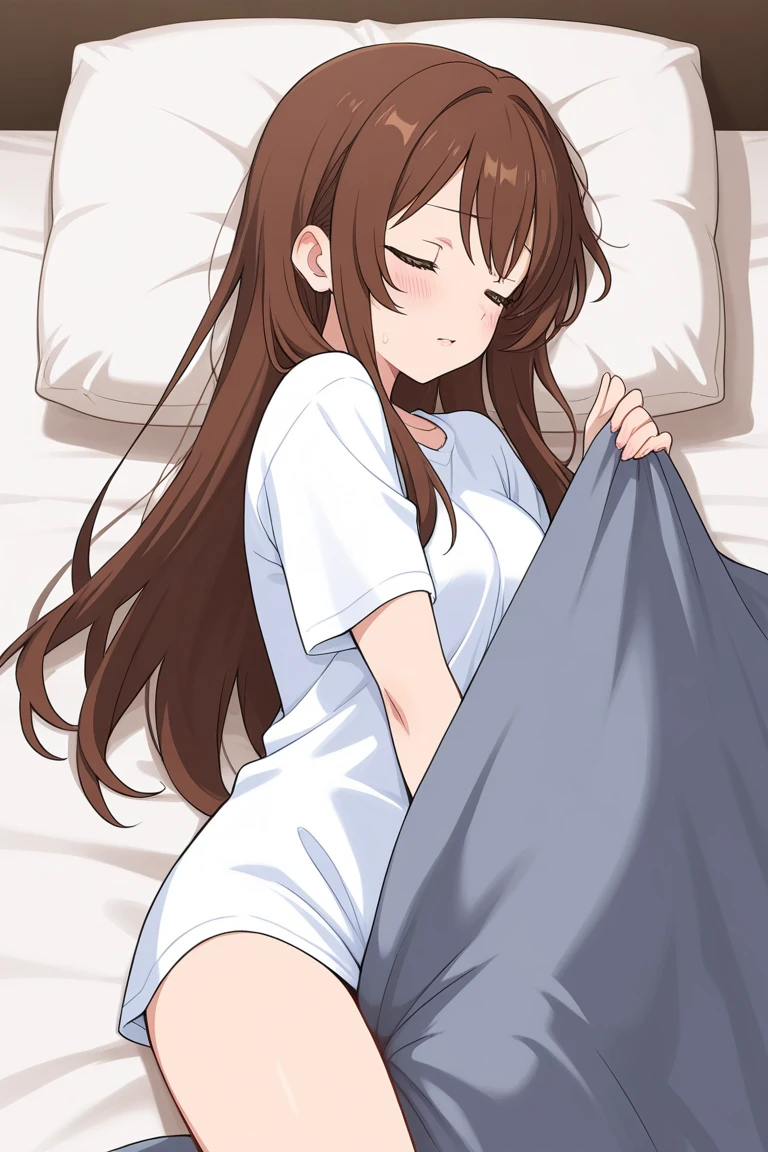 masterpiece, best quality, high resolution,
(sleeping girl and cat), Lying on bed,1cat, fetal position, closed_eyes,
school uniform, ミニスカート,白いパンティー,
top view, bed_sheet,add_detail:1,パンティー見えてる,