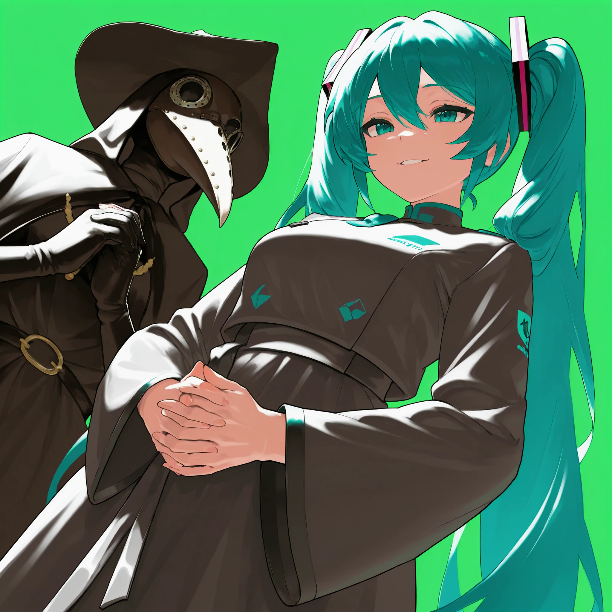 logo musical album by Hatsune Miku is in a relaxed and mysterious posture, with their hands clasped in front, dressed elegantly and wearing a plague doctor mask, What transmits control and enigma, with a different angle of perspective, And the moss-green background