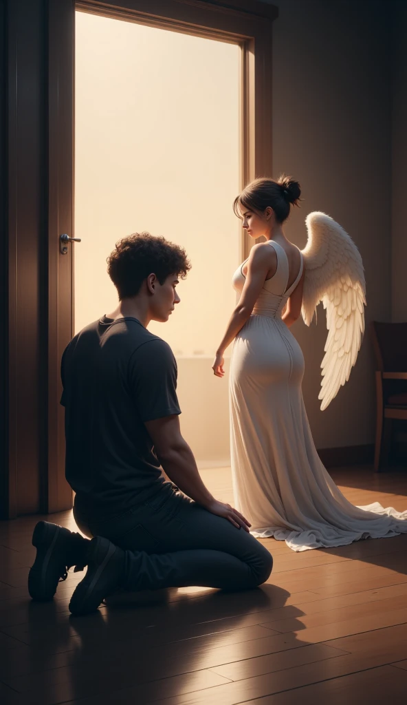 a man with a beard, hair cut back, shirtless, muscular. He is kneeling on the floor. In front of him, he has a beautiful blonde woman with short hair, dressed as a white angel, she is wearing a low-cut semi-permanent white dress, beautiful, well-detailed white angel wings emerge from her back.