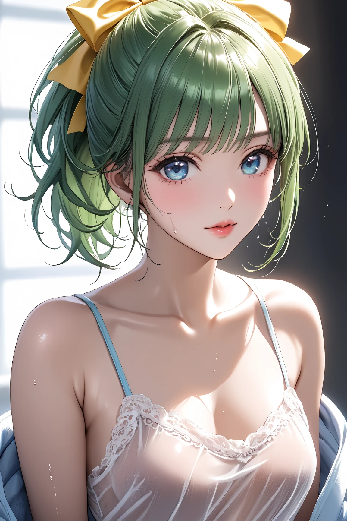 Best Quality,High resolution,8k,(plain white background, no patterns, no textures, just a plain white background:1.3),Masterpiece:1.2),beautiful girl,Big Breasts,(Shiny green hair:1.3),messy hair,Bobcut,Beautiful green eyes,A set of lingerie featuring intricate lace detailing(black color). The bra has delicate lace trim along the edges with a floral or geometric pattern, and adjustable straps with small, refined accents. The panties are designed with matching lace, featuring a soft, breathable fabric with a touch of elegance. The color scheme is sophisticated, such as soft pastels or classic black with subtle touches of gold or silver,Gentle look,A refreshing look,smile,Best quality,Best Quality,Aesthetic and aesthetic:1.2,Best details((Super detailed))(High-definition CG illustrations),Slender body,smile,blush,cute,Scrounge,Looking up,Being spoiled,wariza