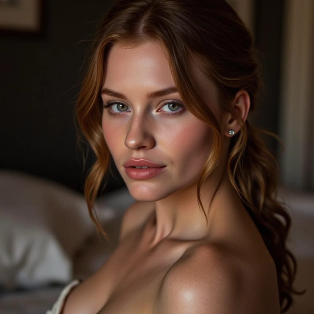 Eine Frau, 26 Jahre alt, with dyed red hair pulled back in a strong and tight braid, Mischung aus 10% Megan Fox und 15% Gal Gadot und 20% Blake Lively, 172cm height, 68kg Gewicht, clear green eyes, lange Wimpern, perfekt geformte Augenbrauen, slim and well-defined body, curvy body, elegant thin nose, kleine Ohren, vollen Lippen, White teeth, kleine, weiche, ladylike hands, painted fingernails, wears black lingerie, high resolution, Meisterwerk, best quality, komplizierte hohe Detailgenauigkeit, Sehr detailliert, scharfer Fokus, detaillierte Haut, realistische Hautstruktur, echte Hautstruktur, Realistische Textur, Fachmann, wahres Leben, ultrarealistisch, Fotorealismus, Fotografie, realistic Fotografie, UHD, (drinnen, kniend in einem dunklen Raum mit schwarzem Interieur, weniger Licht, hole body)
