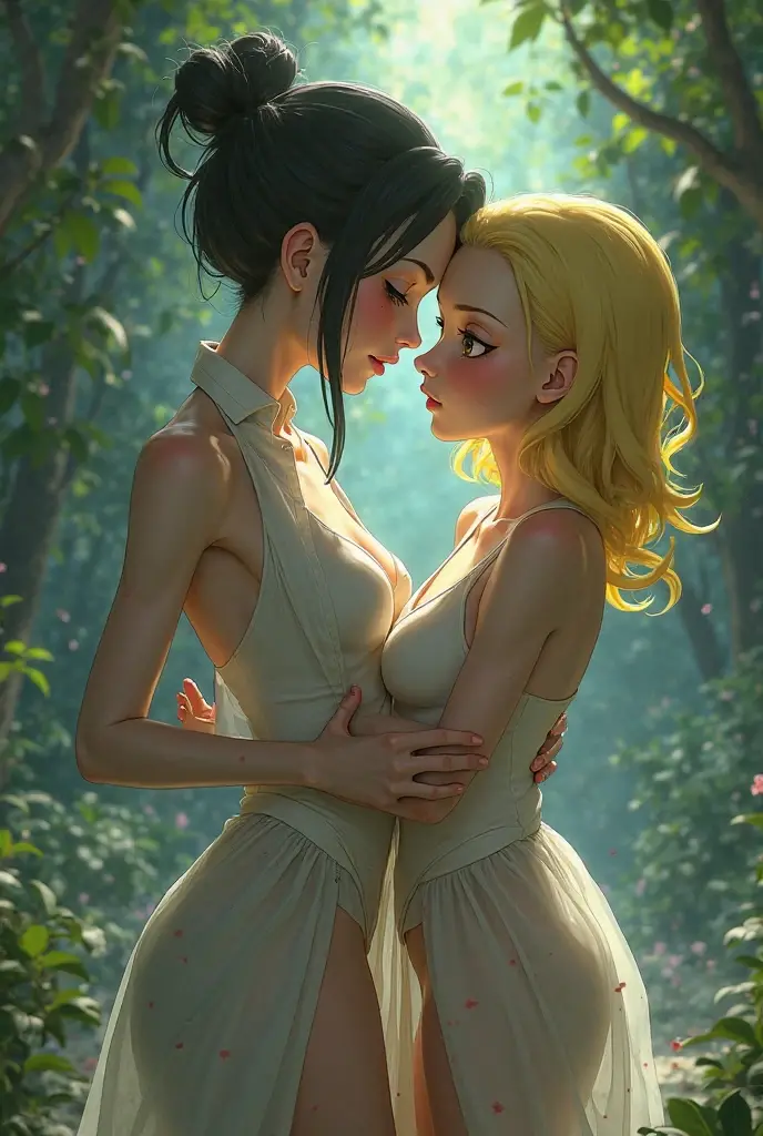 (blurred edges:0.9, dreamlike, romantic) two beautiful girls passionately embracing each other in a garden setting. Their eyes are filled with love and desire as they explore the depths of their affection. (soft-focus) The scene is bathed in warm, golden sunlight, casting a gentle glow on their delicate features. Their lips, plump and inviting, meet in a tender and sensual kiss, capturing the essence of their lust and passion. The atmosphere is infused with an air of intimacy and connection, as if time stands still for these two souls entwined in love. The surrounding nature adds to the allure, with vibrant flowers blooming in abundance and the scent of jasmine lingering in the air. Every detail is exquisitely rendered, from the intricate textures of their flowing dresses to the subtle strands of their long, cascading hair. The scene is captured with the highest quality, ensuring every brushstroke and nuance is preserved with utmost clarity. The colors are rich and vibrant, evoking a sense of vibrancy and life. The lighting is soft and ethereal, illuminating their features with a gentle radiance that accentuates their beauty. The composition is carefully crafted, creating a harmonious and visually captivating piece of art. This masterpiece embodies the power of love and the beauty of human connection, leaving a lasting impression on all who witness its divine beauty, nsfw:1.5, ((((subtle nudity))))
