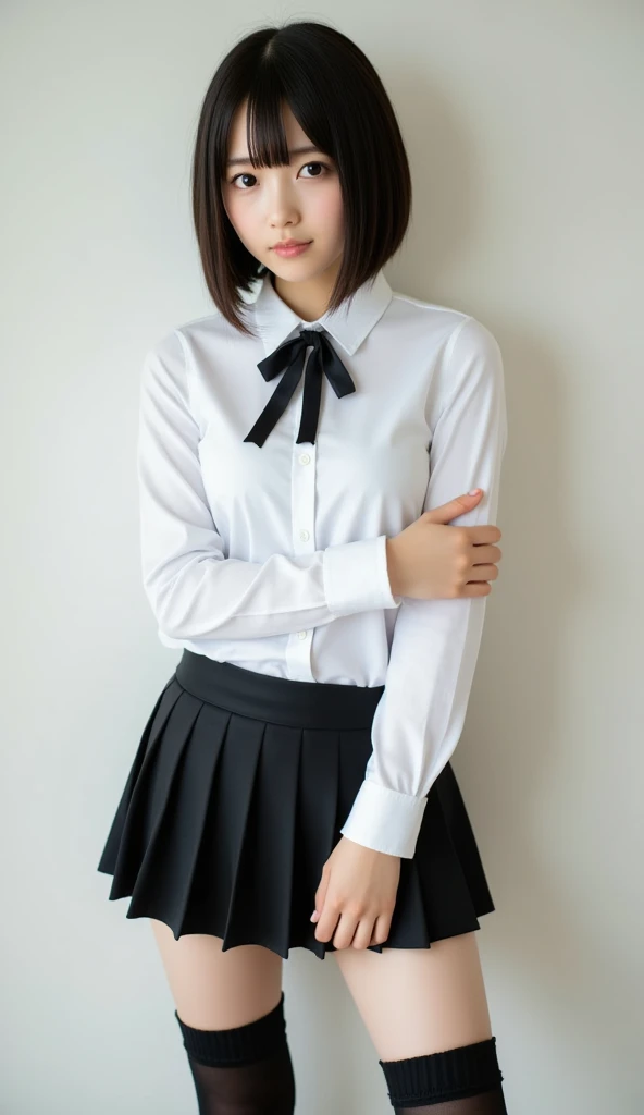 nsfw,((naked))、((Beautiful nipples))、1 Girl, alone, Japanese girl, 14 years old, 、(Highest quality, Realistic, High resolution, 8K, Very detailed, Detailed face, Shiny skin), Japanese , Collared shirt, White shirt, Red ribbon, Black Hair, ragged bangs, ponytail,Gazing into the distance,Navy blue mini skirt、Nice thighs、Are standing,Photographed from the front、