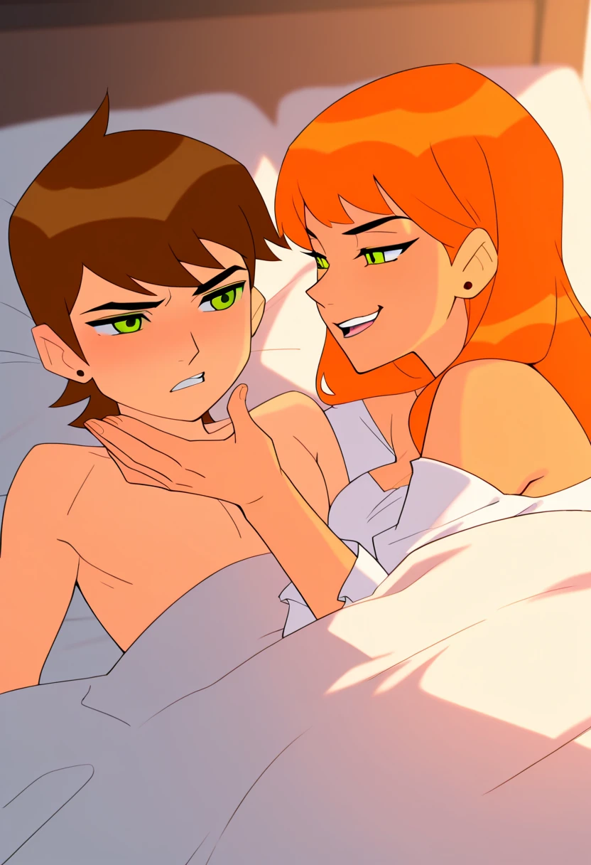 sam, totally spies, orange hair, bare shoulders, midriff, doggystyle sex, bed, room, feet, shota-boy, sleeping, g-string, grinng boy