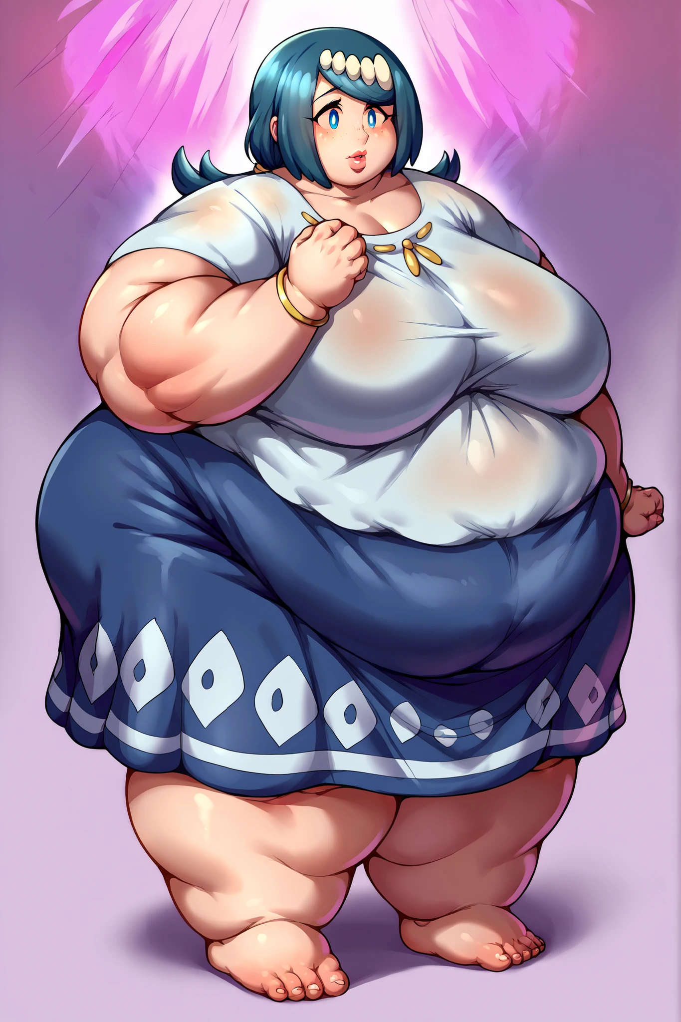 Anime Women, Lady、amount、Long braids down to the waist、Purple Hair、Glasses、Sharp eyes、Purple lips、Cobalt blue body、Cobalt blue skin、Are fat、Chubby、Sensual、obesity、Double chin、Fatty neck、Big Breasts、Saggy breasts、Thick upper arms、Thick arms、thick fingers、Fat belly、Flabby belly、Thick legs、Big Ass、Brown clothes、Brown ta Fashion、ribbon、Frills、Sweaty、Embarrassing、Model standing