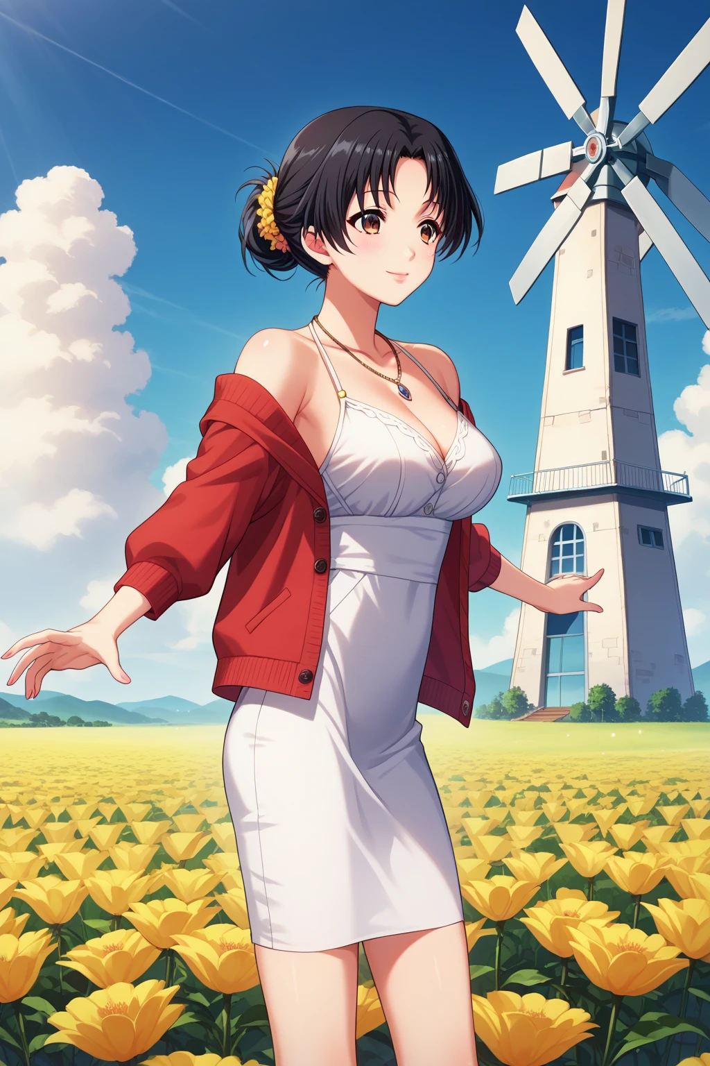There is a woman standing in a field with a hat, japanese farmer, vistiendo ropa de granja, en el campo, en una granja, (SFW) seguro para el trabajo, grueso, makoto shinka, vestido casualmente, Totalmente vestida!!!, con pechos grandes, pechos grandes!, female protagonist 👀 :8, con pechos grandes, oppai
