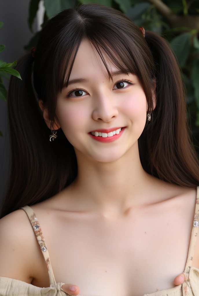 (8K、top-quality、masterpiece:1.2)、(reallistic、Photorealsitic:1.37)、The ultra-detailliert、1人、18year old、The breasts are about oversized、I can see the cleavage、Beautie、Beautiful and perfect face、up close shot、Natural smile、独奏、holiday、Bustling street、shopping、Fashionable clothes、Redness of the nose)、(A smile:1.5)、(With mouth closed) 、beautidful eyes、(long:1.2)、Floating hair 、Middle hair、Gold Hair Medium Hair, (Golden hair), Ear Hair, 、Single Bright Bride Brexi、Sexy lingerie、