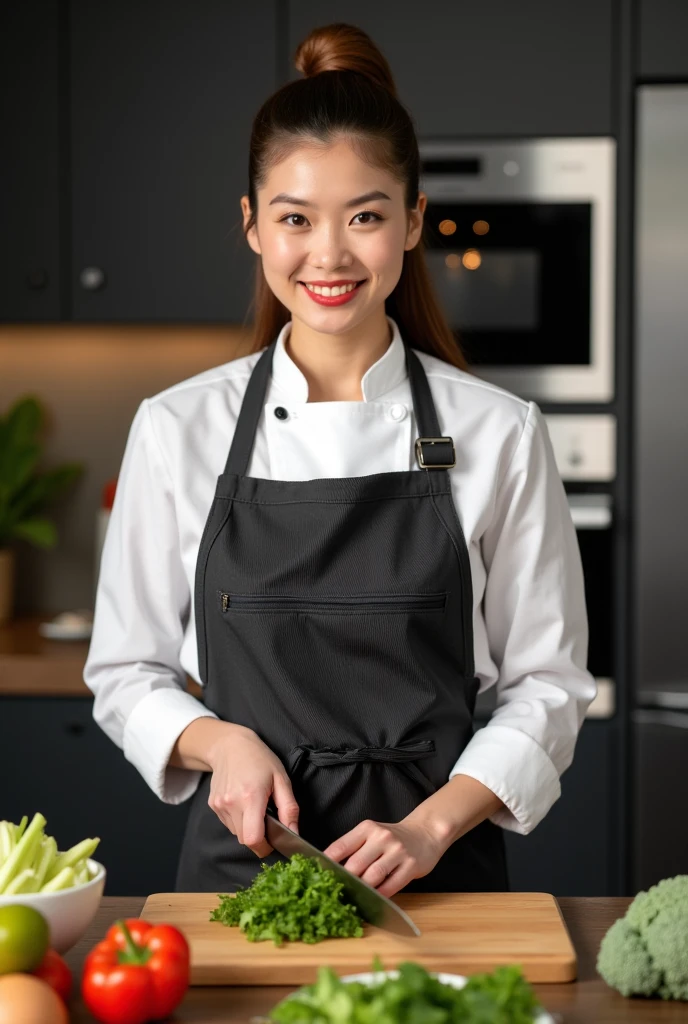 Sure! Here's an English prompt for a model in the kitchen:
"A professional chef or model in a stylish kitchen, showcasing culinary skills while preparing a gourmet dish. The model is wearing a sleek apron and has a confident, focused expression as they chop fresh vegetables on a wooden cutting board. The kitchen features modern appliances, a vibrant arrangement of ingredients, and soft lighting that highlights the scene's elegance and warmth."