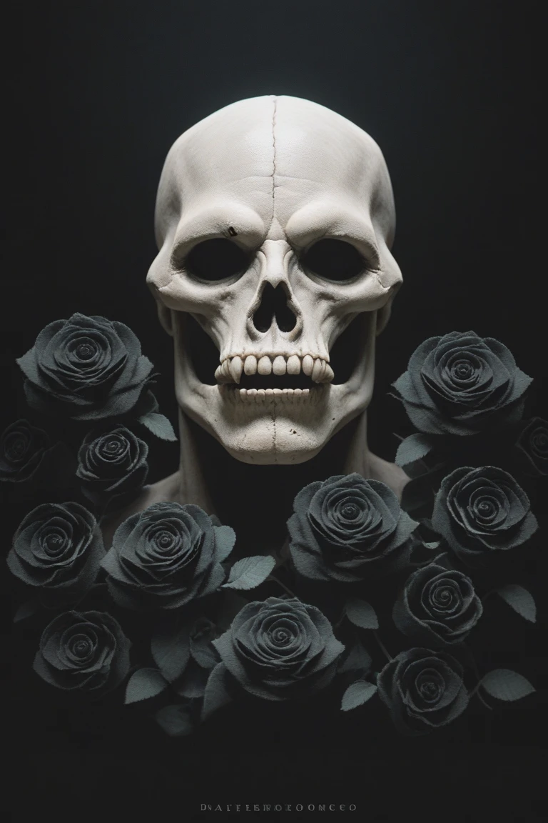 skull, white rose, monochrome photo