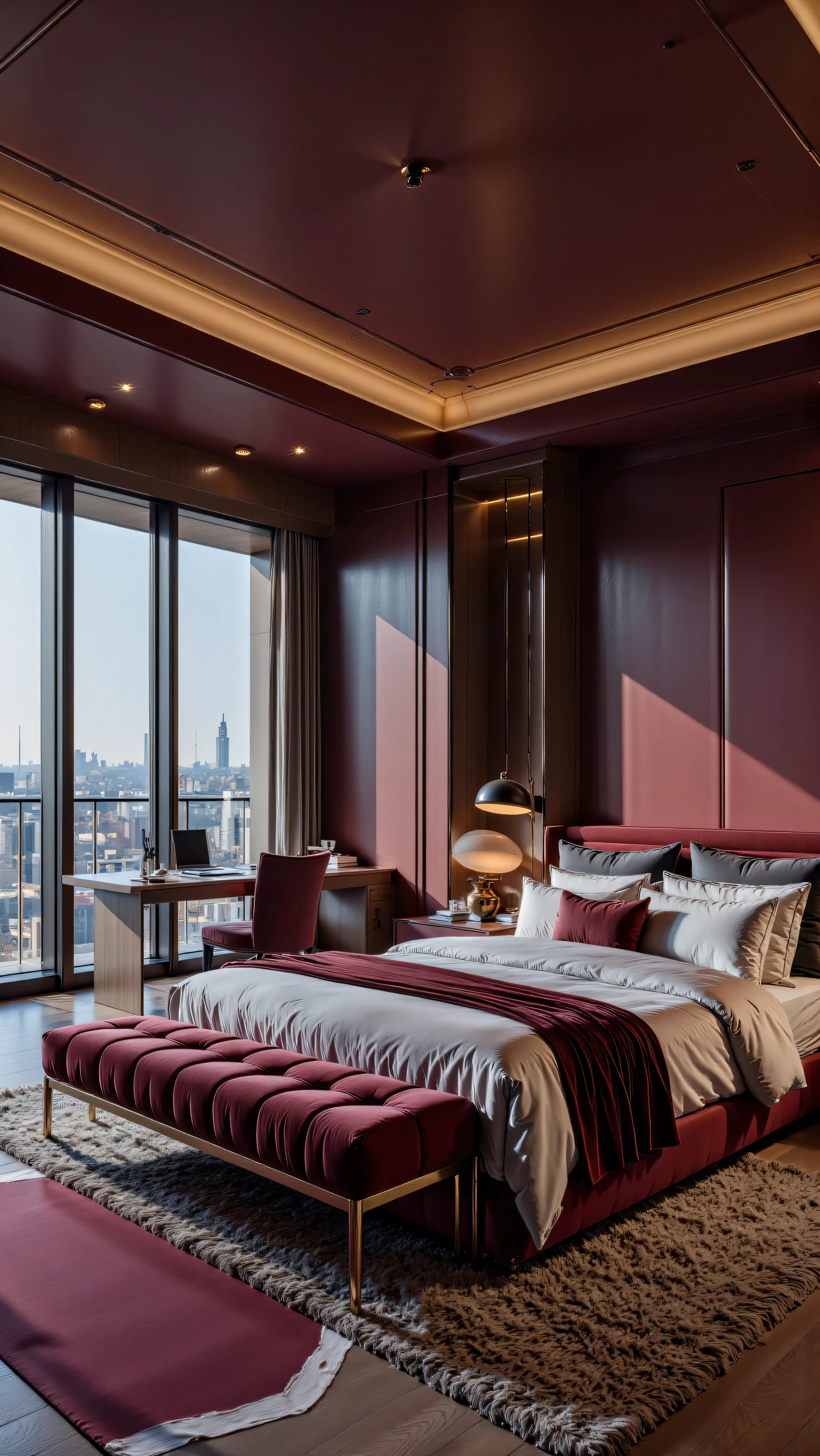 4K,8K,Studio Quality,Inside Highclass Penthouse Tower bedroom, make the photo realistic, vibes color with red and dark, Billionaire Vibes Bedroom,Full Furniture. 