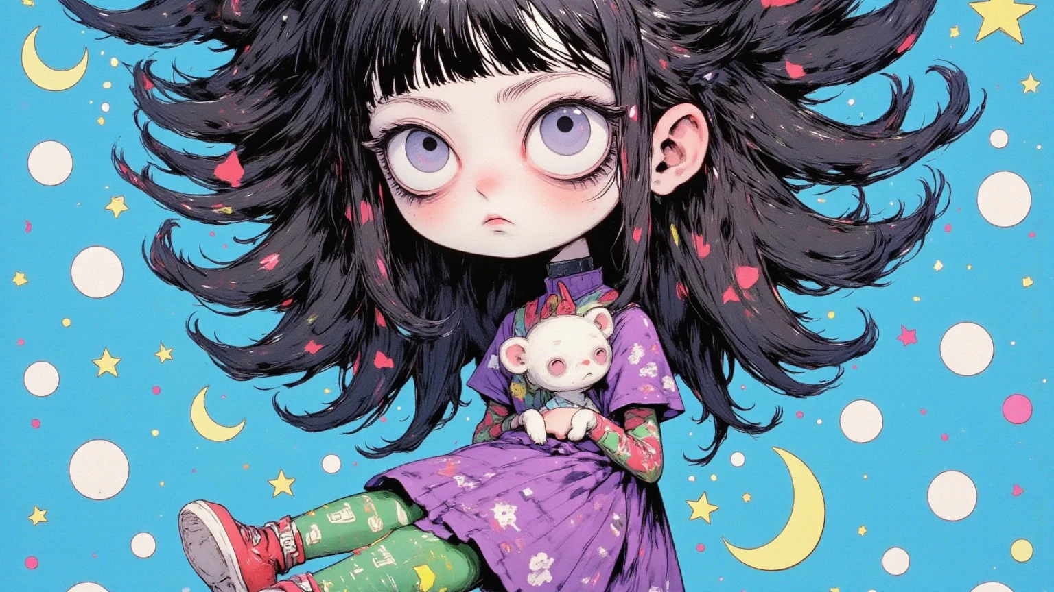 Character, girl, abstract expression, black hair with bangs, large black eyes, purple simple dress color, purple dress with ribbon details, green and purple striped leggings, holding a white teddy bear in one hand, dynamic pose with one leg raised, side view, playful and lively atmosphere, bright blue background with white polka dot pattern, flat and colorful illustration style, high-contrast colors, digital art, one girl, screen print inspired by graffiti, blacklight velvet poster, Gary Baseman-inspired details, detailed close-up, additional details, close-up shot, sinister realm magical painting vibe, Dan DeCarlo’s art style, mid-close-up.