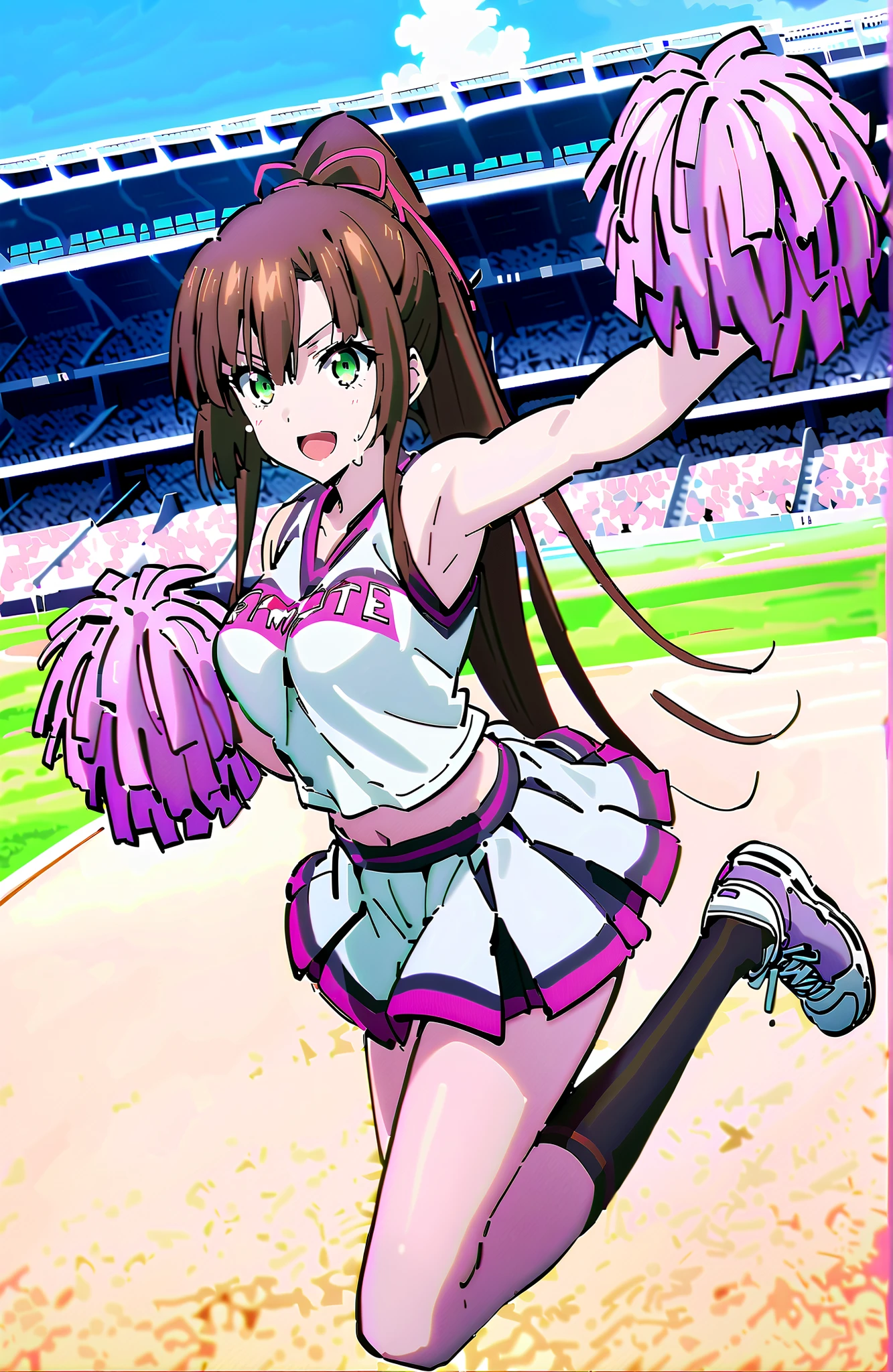 Yuuki Mizuho, One person, alone, Long Hair, hair band, Brown Hair, Red eyes, Open your mouth, blush, Lips parted, liar, (cheerleader:1.3), (pleated skirt:1.3),(crop top:1.2), sleeveless shirt, large breasts,(under boob:1.1),miniskirt, thighs,short hair,two side up, hair ornament, holding pom poms,(panties,cameltoe:1.1),(sweat:1.1), Wet,smile,open mouth,(dancing,outdoors:1.3), From above, retro artstyle, 1990s (style), expensive quality, very_expensive_solve, big_file size, Full Color,