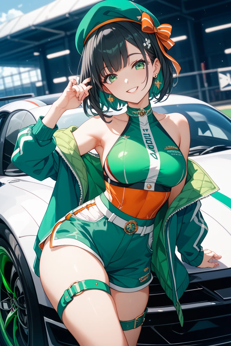 (Masterpiece), Best Quality, ultra-detailed, 1girl ( anosillus II, Slender and sexy body, Big and pretty breasts, naked body, dark green hair, brown eyes), a seductive face, smile, open mouth, solo, nose blush, blush, facing viewer, looking at viewer, racing queen, white leotard, long gloves, white thighhighs, big flag(black pattern), umbrella grab, in the racing circuit, standing , Sexy waist teasing , dynamic pose
