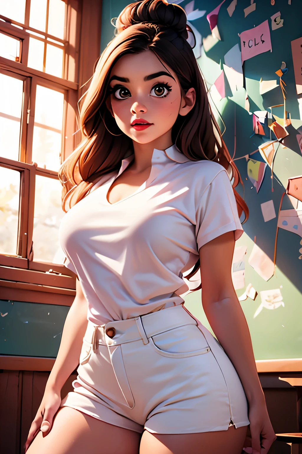 PERFECT MASTERPIECE, EXTREMELY DETAILED CG UNITY 32K UHD QUALITY RESOLUTION, RAW PHOTO, PHOTOREALISTIC, AWARD-WINNING PORTRAIT, OFFICIAL ART, PROFESSIONAL CINEMATIC LIGHTING, PROFESSIONAL FILM QUALITY, The most beautiful and sexy school girl, long brown hair in a ponytail, vibrant blue eyes, long detailed eyelashes, blushing, full smiling pink lips, cleavage showing, wearing a school girl uniform and school girl skirt, white panties showing, standing in a sexy seductive slutty pose arching her back, looking at the viewer, sexy seductive slutty facial expression, school campus background