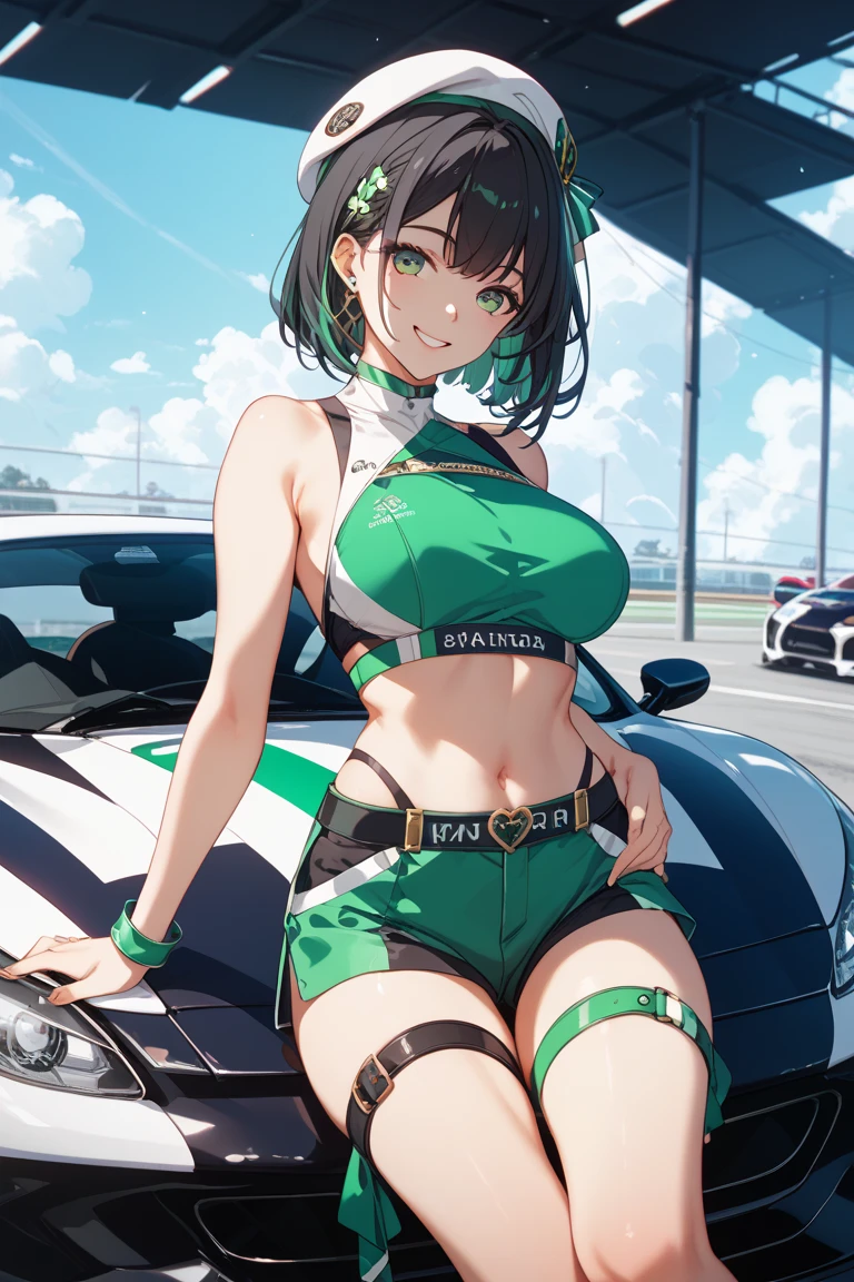 1girl, large breasts, breasts, thick thighs, wide hips, green hair, very short hair, short hair, yellow eyes, bikini, black bikini, neon trim, green neon trim, smile, smirk, smug, futuristic, science-fiction, tech, shoes, sneakers, green neon trim, green trim, v-string, race queen, car, sports car, sport car, motor vehicle