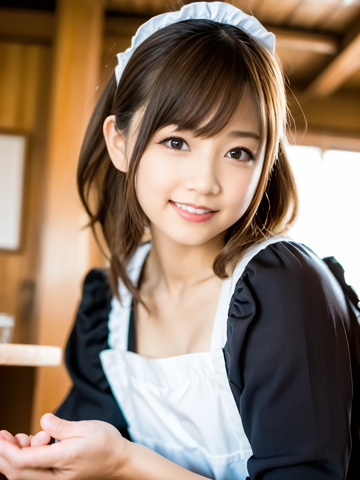 (8k, all raw photos of Kao, Best Quality, masterpiece: 1.2), masterpiece, スーパーdetails, Ultra High Resolution, ( real realistic photo : 1.37), high-definition RAW color photo, very delicate and beautiful, 、非常にdetails, 8k Wallpaper, amazing, details, 非常にdetailsな目, 非常にdetailsな肌, 非常にdetailsな指, h、非常にdetails nose, With close attention to detail , Perfect Anatomy,1 girl lying on her back, apron, Black dress, Blurred, Blurred background, Prospects Blurring, , knitted glasses, chest, depth of field, dress, I can see my eyebrows from between my hair, frilld, gloves, o, indoor, jewelry, Juliet Sleevesplace, long sleeve, slightly small mouth, Maid, Maid apronl, Maidヘッド dress, puff sleeve, short hair, sitting, solo, White apron, window, huge 、Nogizaka Idol、Korean idol、hposing gravure idol、Actress、age 25、is tall、Cafe、Restaurant、Italy、american、 Australia、smile