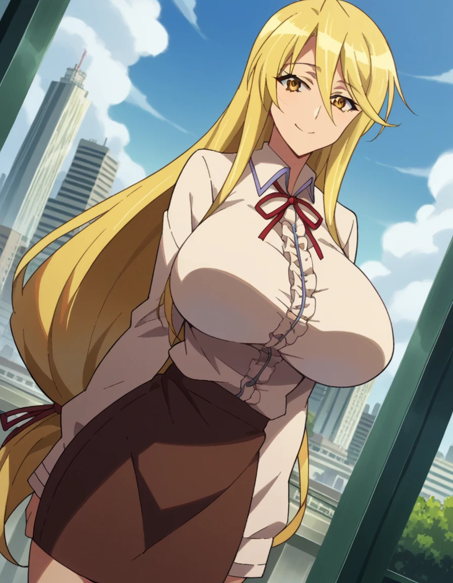 score_9, score_8_up, score_7_up, source_anime,
shizukamarikawa, shizuka marikawa, long hair, blonde hair, very long hair, low-tied long hair, yellow eyes, hair between eyes, smile,
skirt, shirt, long sleeves, ribbon, white shirt, frills, centered frills,
outdoors, cityscape,
looking at viewer, cowboy shot, dutch angle, huge breast, huge ass