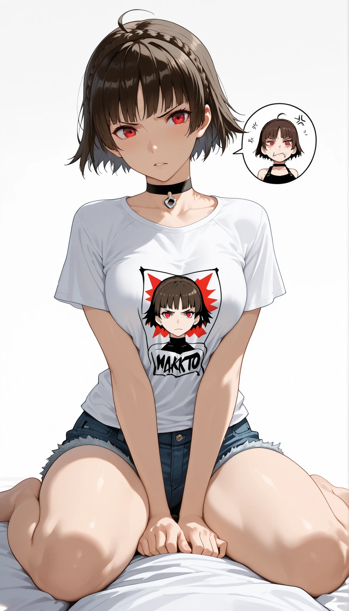 masterpiece,best quality,amazing quality,absurd,makoto niijima,red eyes,ahoge,striped hair,black hair,short hair,choker,anger veins,graphic t-shirt,denim shorts,black and white background,wariza