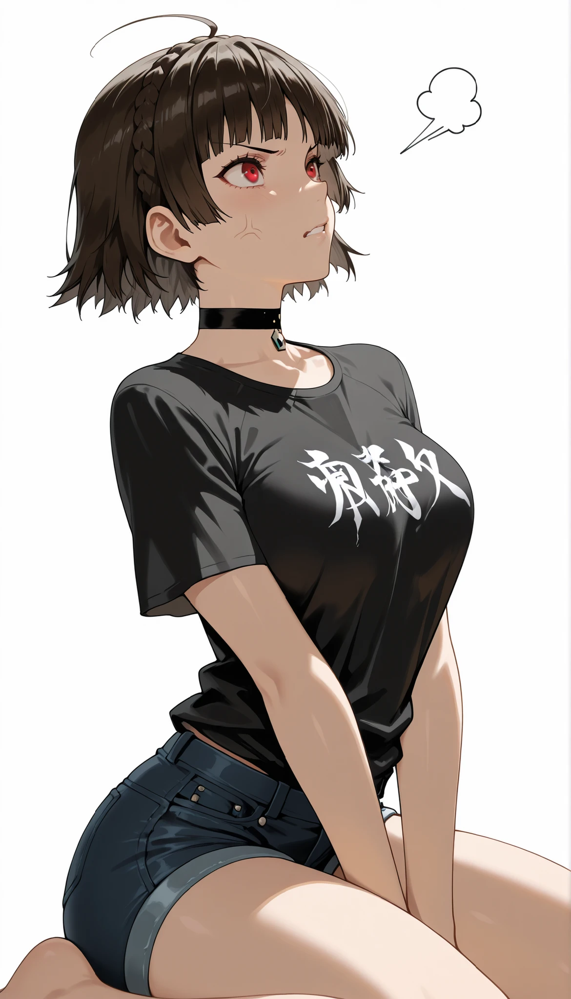 masterpiece,best quality,amazing quality,absurd,makoto niijima,red eyes,ahoge,striped hair,black hair,short hair,choker,anger veins,graphic t-shirt,denim shorts,black and white background,wariza