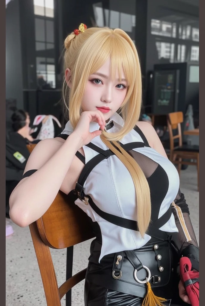 8k ((masterpiece)), ((best quality)), (ultra-detailed), beautiful face, detailed hands, solo, (dramatic lighting, illustration:1.1), (1girl), perfect eyes, realistic Style, High detailed, looking_at_viewer, Milf,long hair,Anime Style, cosplay, wig, medium breast, (jeangunnhildr:1.5), blonde hair, ponytail hair, blue eyes, ((sfw)), landscape, safe for work, (city background), detailed hand, half body