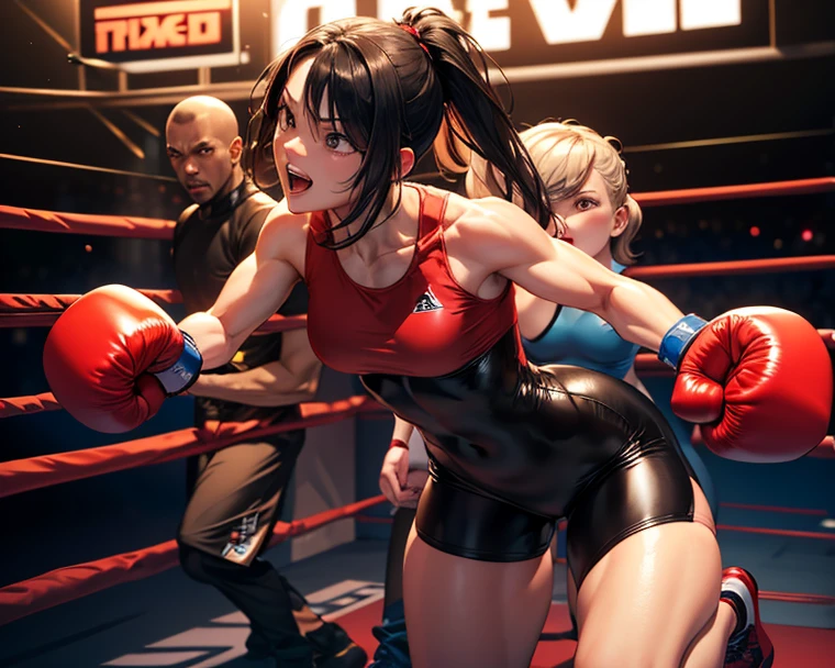 1990s women's boxing theme toy "Super Lesbian Boxing Wars Japan VS China" match, boxing, matte and luxurious decorated costume, wearing boxing gloves, boxing fighting pose, clear, two adult women, light hair color, Fullbody wide angle, Boxing ring with control panel fixed in front of the ring and traffic light physical fitness gauge, costume printed with national flag, young Japan woman in red and white athletics high-leg bloomer and adult Chinese woman in silver leotard swimsuit.