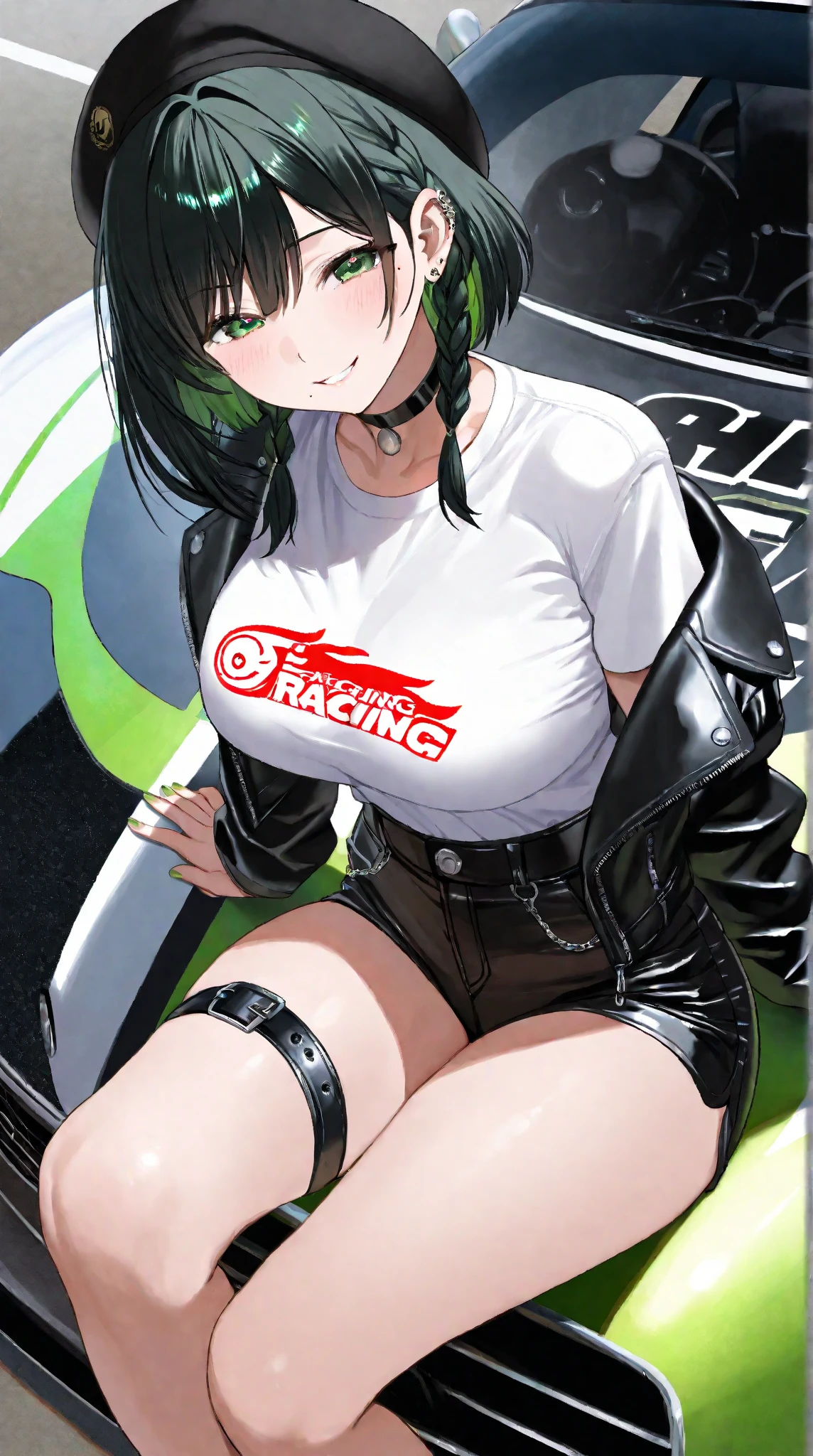 Bodysuits, || Race_Queen, || Race Queen, Knee socks, || abdomen, mini skirt, || Swimwear, || one-piece Swimwear, || Crop top, || bikini, || Motorcycle Suit, || Fishnet tights, pantyhose,, ultra detailed, masterpiece, highest quality, beautiful, detailed,, alone, Frowning,
Two Girls, Red eyes, (tsurime:1.2), (Brown Hair:1.3), Medium Hair, (Asymmetrical bangs, Swept-apart bangs, Whorl:1.35), Reverse hair, Folded ponytail, Folded ponytail, Big Breasts、Underboob,mini skirt