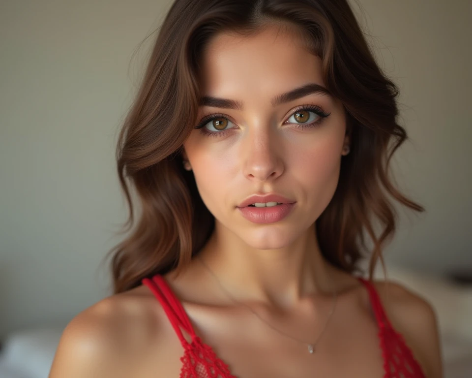Best quality,ultra-detailed,photorealistic:1.37,UHD,professional,HDR,realistic,portrait,Ukrainian beauty, gorgeous woman, exquisite facial features, sparkling blue eyes, porcelain skin, elegant pose, natural beauty, vibrant colors, soft lighting ,subtle shadows, feminine elegance, (Messy French Twist Updo With Hanging Curls hairs), intricate lace design red mesh lingerie with halter neck style, soft lighting, vivid colors, professional photography, portraits, bokeh