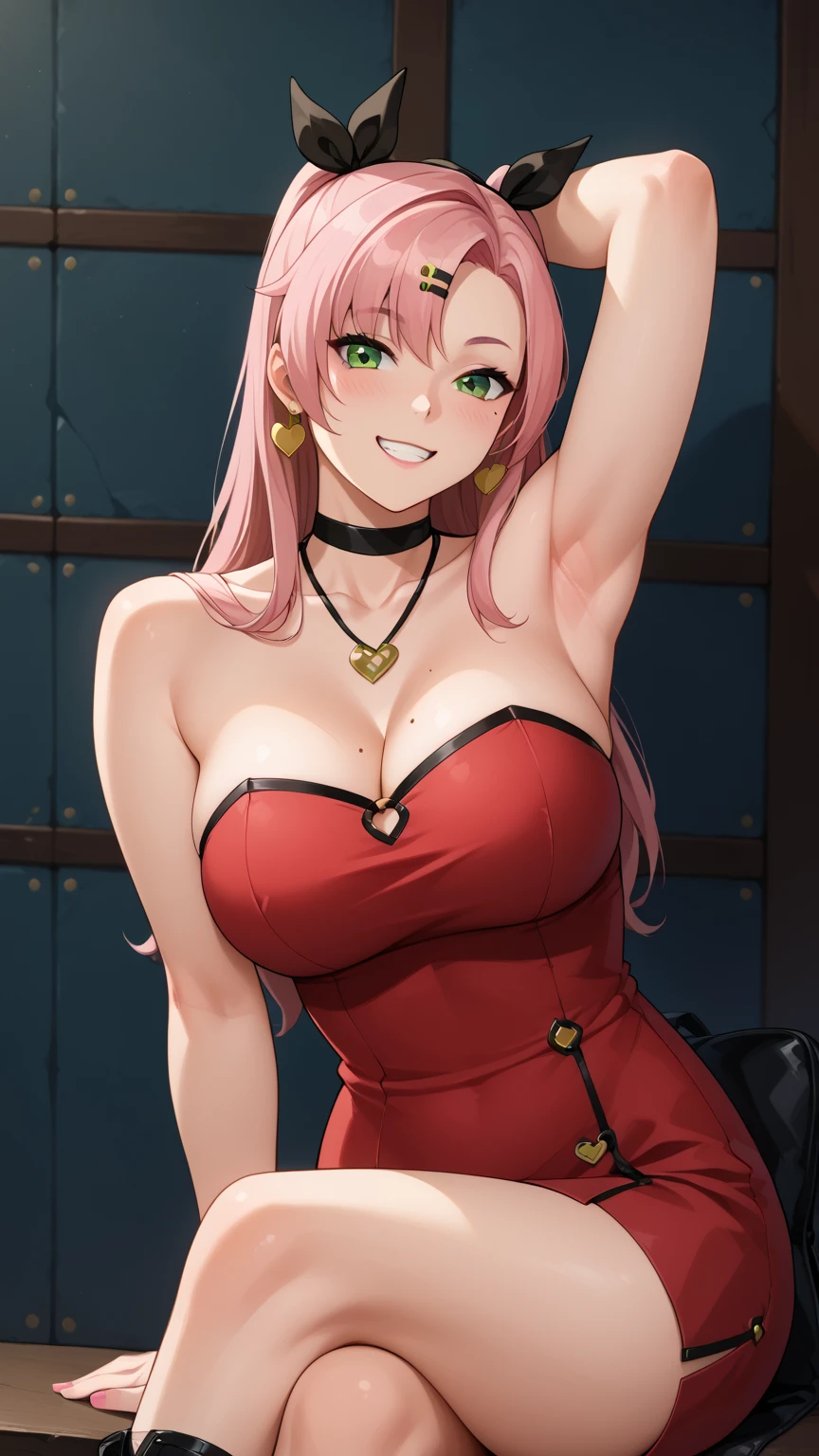 A women with tanned skin with pink hair and pink eyes, wearing a red sparkly dress. She has long wavy hair and there are flowers around her. She has big hips and large breast.