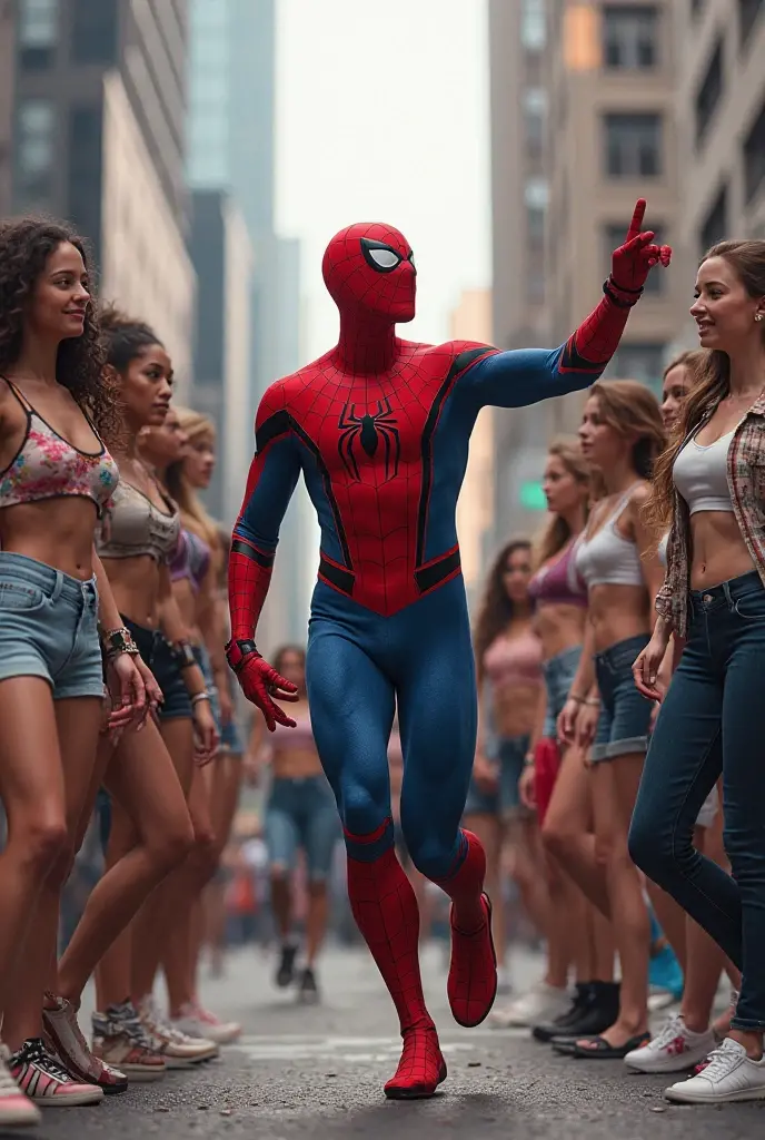 Three gorgeous women (varied height, varied weight, varied race, wearing a towel or less, crazy hairdo, crazy jewelry, tend towards fit and hourglass figure) they are flirting with Spider Man, women's locker room. Spiderman has webbed a villain to the wall, he is embarrassed by the women's attention
