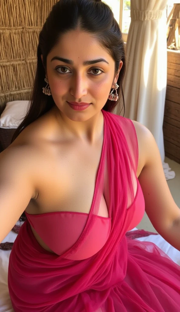 Masterpiece, best quality, high definition, 8k, ultra-detailed, perfect illumination, finely detail, highly detailed face,highly detailed body)), (photorealistic), best lighting, best shadows, intricate detail, high quality, colored, professional, detailed dark skin texture, soft lighting, atmospheric, expressive eyes, perfect face, sexy. wearing red saree (bare belly), (sit), (sitting), (open legs), (holding legs), , (cowboy shot), (masterpiece), (best quality:1.5), (highress), detailed eyes BREAK GabiAOT, looking at viewer, 1girl, brown eyes, looking at viewer, sitting on the bed, (indoors,, gorgeous view),,