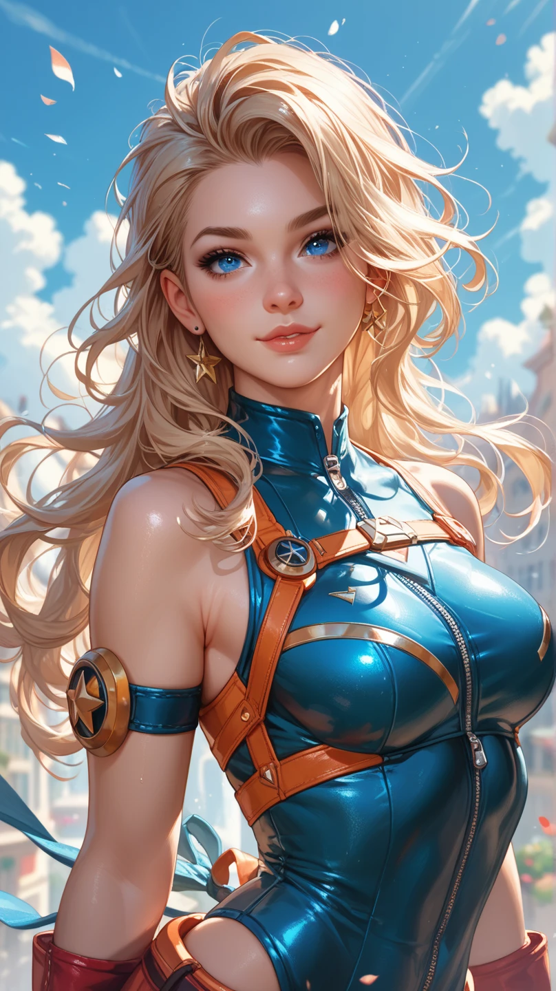 Woman with blonde curly hair, blue-eyed, wearing a harness of the Sun God[