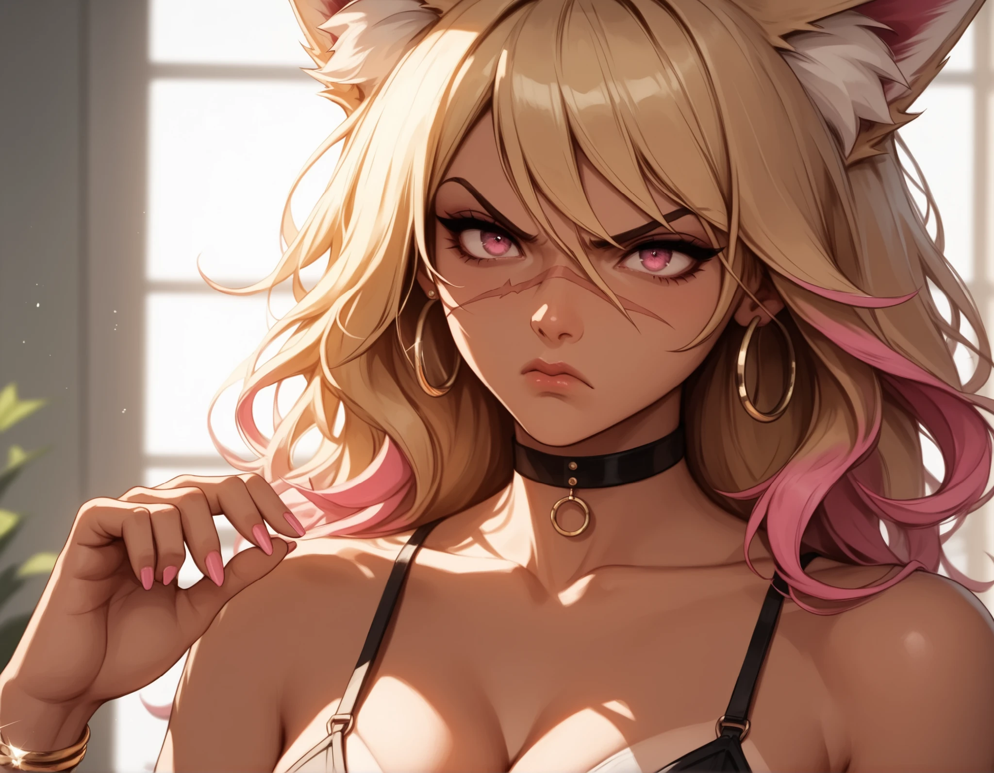 college_fair_outdoor_booth_background, event_banners_blurred, tanned_skin, fox_ears, 1_fox_tail, long_blonde_hair, pink_highlights, pink_eyes, (angry_expression:1.3), (annoyed_face:1.2), facial_scars, body_scars_peeking_from_clothes, gyaru_outfit, crop_top, cleavage_visible, choker, mini_skirt, painted_nails, hoop_earrings, layered_bracelets, visible_bra_strap, holding_crumpled_flyer, flyer_in_hand, close-up, upper_body_focus, hand_on_hip, 1girl, solo, wind_tousled_hair, tail_flicking, judgmental_glare, sunlight_filtering_through_tent, shallow_depth_of_field, background_people_blurred, (golden_hour_glow), (realistic skin tone shading), (masterpiece:1.2), (best quality:1.2), ultra detailed, 8k, watercolor, cinematic lighting, volumetric_lighting, soft shadows, ((forced_perspective)), (Diminishing scale perspective:1.3), (lora:Yandere Queen:0.85) (lora:Detail Tweaker XL:0.65) (lora:GyaruMix Hair:0.6) (lora:Shaded Face:1.0) (lora:Detailed Backgrounds:0.55)