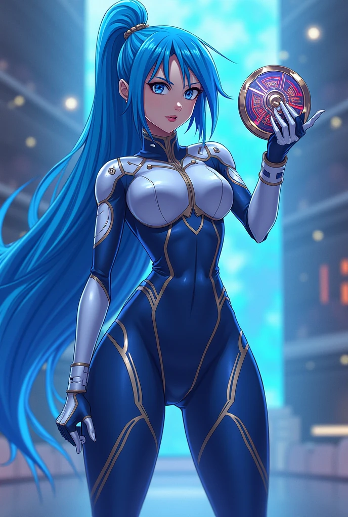 1girl,  collarbone,  masterpiece, best quality, extremely detailed 8K wallpaper,  ultra detailed, volumetric lighting,  light, shinny, best anatomy, detailed eyes, beautiful eyes, best shadow, ultra detailed, <lora:villetta:1>, yellow eyes,   grey hair , dark skin,  solo, long_hair, breasts,sitting, purple bodysuit,  dark_skin, sitting, hangar, mecha, robot parts