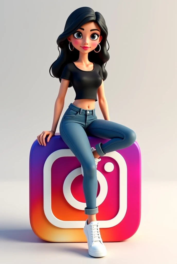 Create a 3D illustration of an animated “female” character sitting casually on top of a social media logo “Instagram ” The character must wear casual modern clothing such as a plain white t-shirt with jeans and sneakers.The background of the image is a social media profile page with a user name Shaista_mallick picture that match