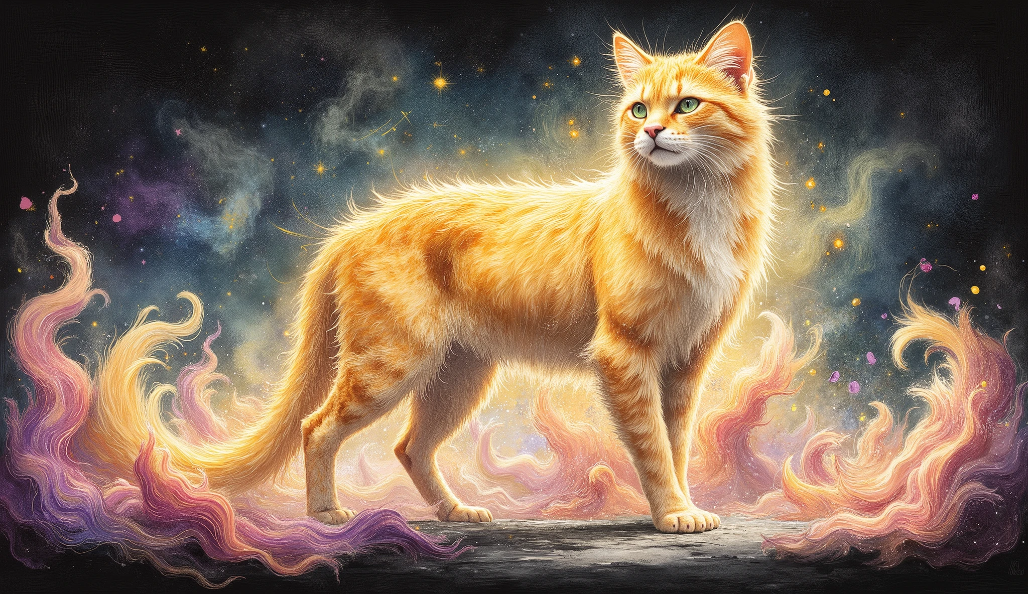 oil pastel, illustration, simple, dark background, surreal, a cat , fur of gold curves, digital airbrush, vray, hypermaximalist, ray tracing, rossdraws, h.r. van dongen, matte painting, CryEngine