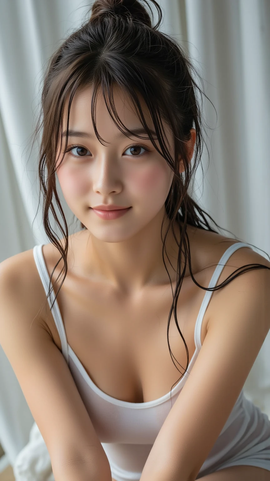 ((highest quality、muste piece、High resolution、Zoom photo of upper body、、Bukkahair、wet body))、(((Zoom photo of upper body:1.95、Zoom photo of upper body、cute smile:1.5、cute smile、semen:1.9、seet body:、wet body、Bukkake:1.9、Bukkake、r:1.9、wet habreasts、big breasts、Completelyiled nipplesreola、Inside the menestroom、medium ir、trimmed bangs)m photo of upper body、cute smile、semen、wet body、Bukkake、detailed nipples、detailed areola