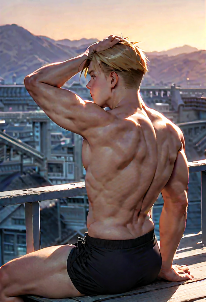 Ken is a young martial arts fighter, handsome, attractive, slender, muscular torso,street fighter , short light blonde low-cut hair, blue eyes, wearing a red martial combat costume with black details against a mat in the blue sky in the mountains