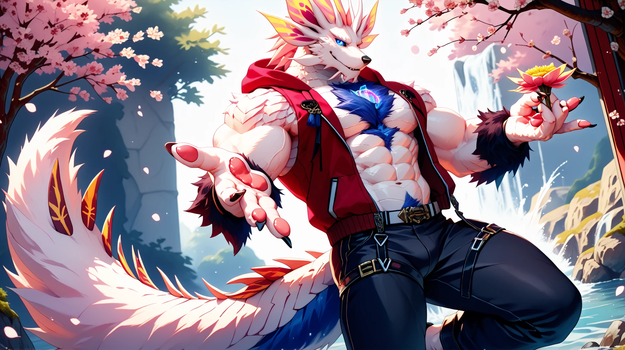 (solo), anthro male, dragon, mizutsune, bara, blue glowing eyes, sleeveless open hoodie, pants with straps, tail, detailed fluffy fur, pink and white body, muscular, sparkly, straps on chest, decorative tail accessory, dynamic angle, cherry blossoms in background, floating pose, holding a flower, masterpiece, 4k, by null-ghost