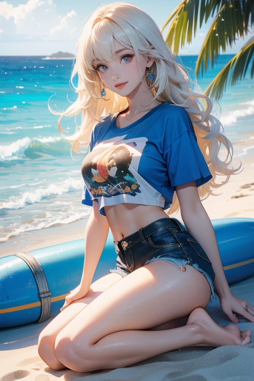 Beautiful women, The wind blows blonde, Glowing blue eyes, Realistic, Masterpiece, high detal, 4K, Beach background, High detail light, lite smile, White skin