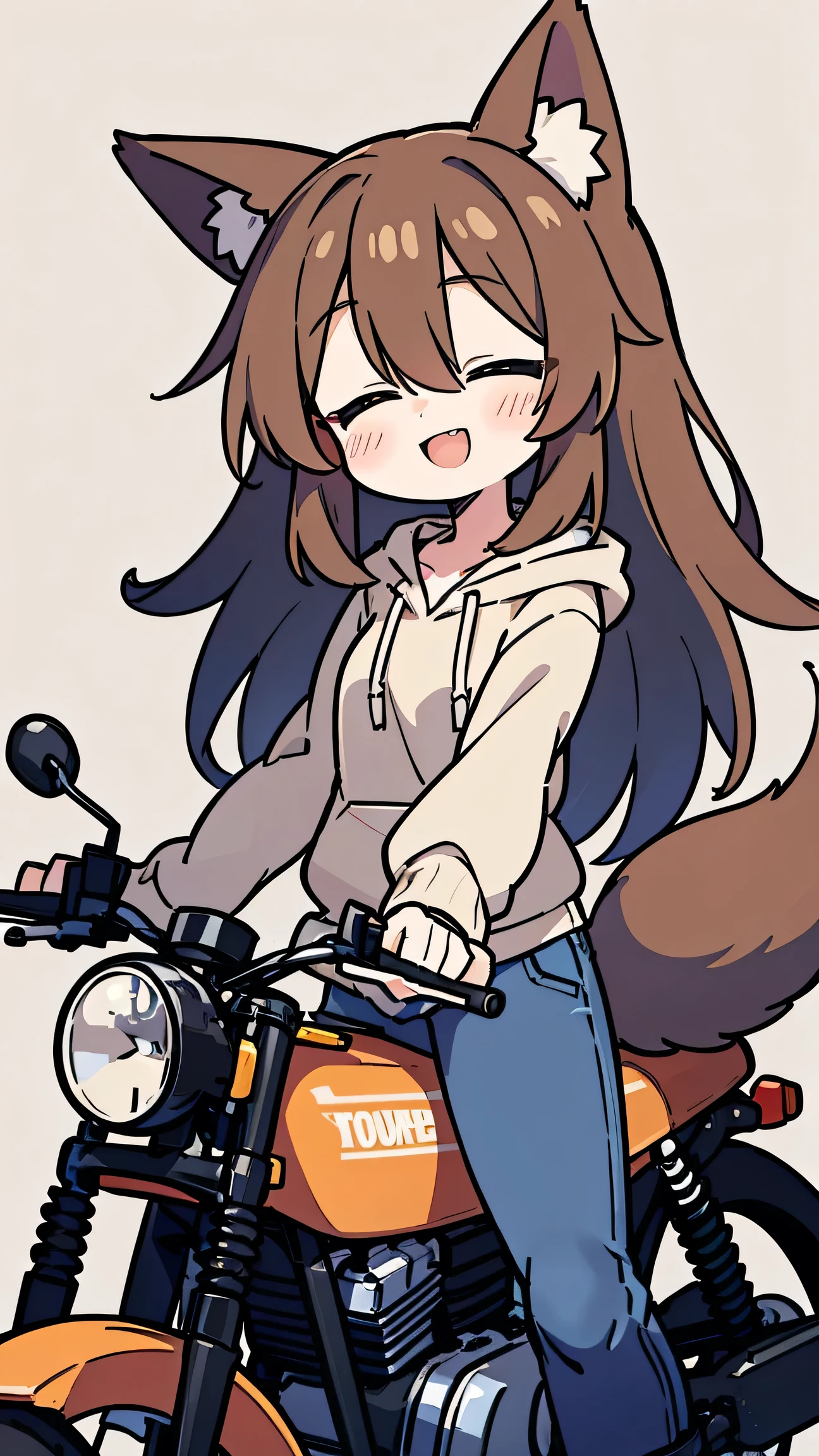     ANIME STYLE、 cute face、 female、 fox ears、tail、brown hair、 long hair、 beige hoodie、jeans、simple background、close both eyes、smile、riding a motorcycle