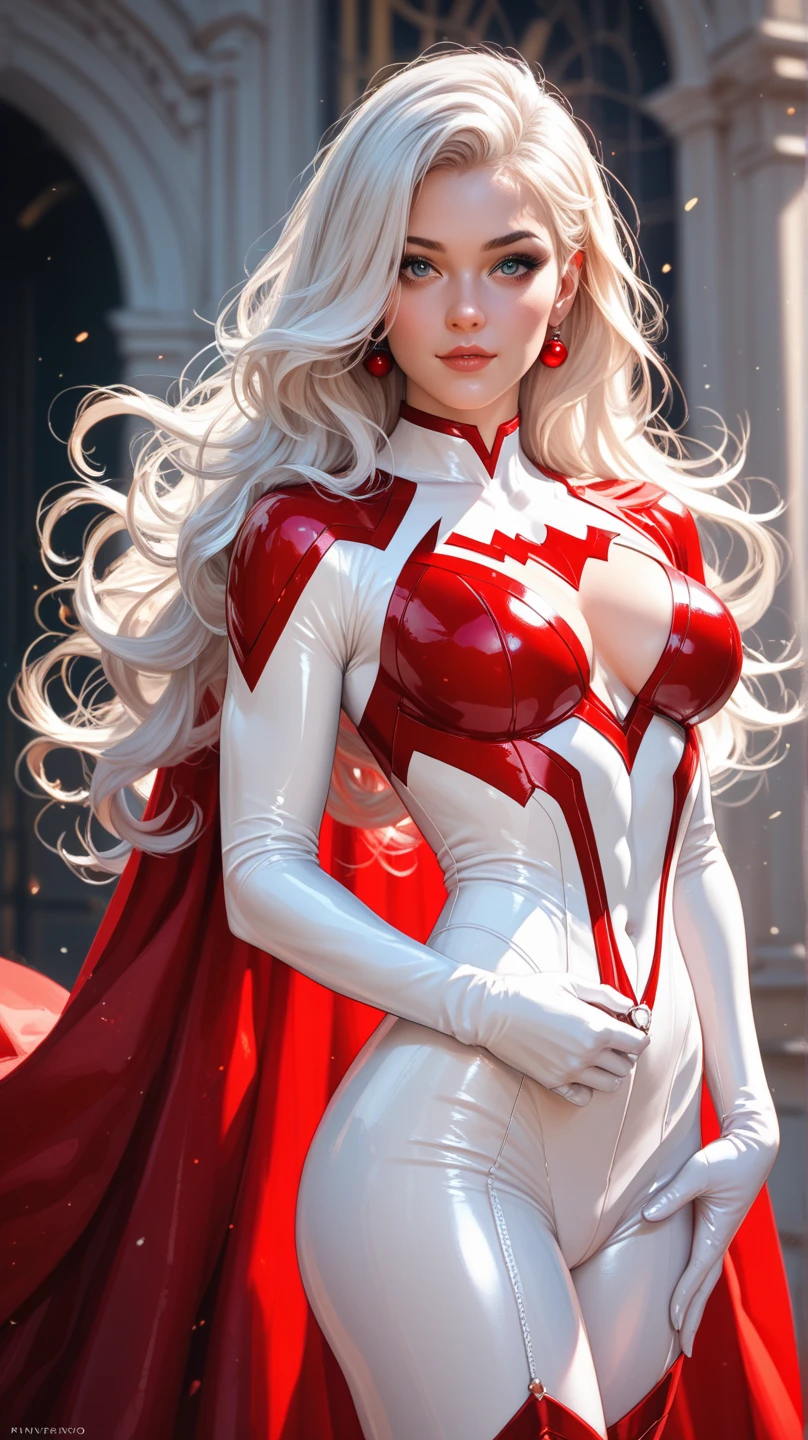 Cinematic. (((A comic style, cartoon art))). Emma Frost Posing for photo (((in epic heroic pose))) , wearing his iconic X-Men uniform, Showing the belly,  , ((Wearing white pants and cape)) . (((Hot Body, camel toes))). ((((Abstract Comic background )))) , vivid colors, detailed, detailed face, realistic shadows and bright, glowing.