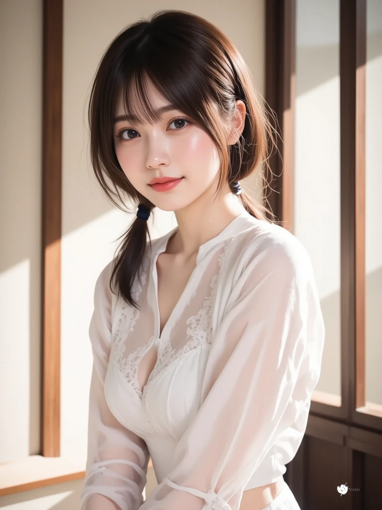 Top quality, realistic, perfect human body structure, very detailed, very delicate and beautiful, RAW photography, living room, professional lighting, luminescence, depth of field, single focal, ((full body)), smile, brown hair, small head, big breasts, baby face, beautiful eyes, real face, realistic skin, detailed eyes, (fashionable hairstyle: 1.3), gravure idol, absurderes、Incredibly Ridiculous res、Extremely fine, Silk Blouse,