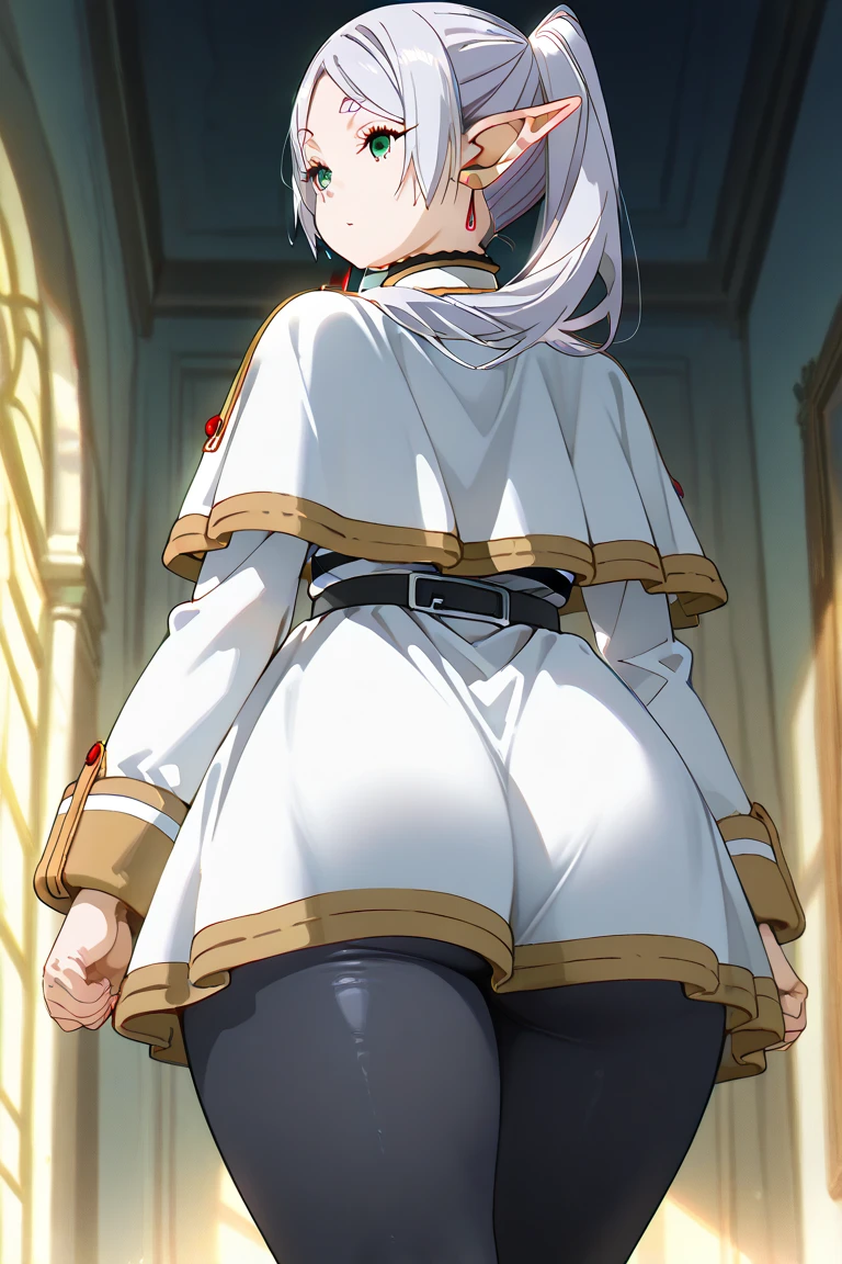 (Highest quality, masterpiece),sexy, erotic, One Girl, 18-year-old, Contempt, pride, Long silver hair, ((Green Eyes)), View your audience, View your audience, Warm Light, ((White Dress)), ((On all fours)), (Small breasts),(((Skirt flip, Panties are visible through black pantyhose,Small Ass,From the back))), Two ponytails,upskirt
