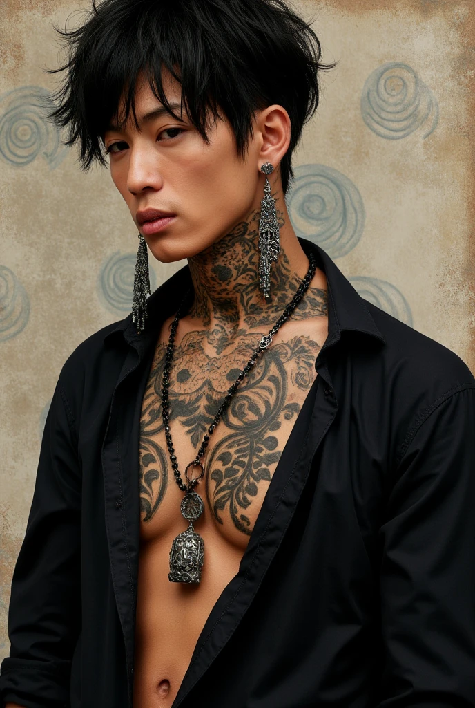 model style , eyes browns , Bblack hair , bad boy , sexly , Japanese-American , Neck tatoo