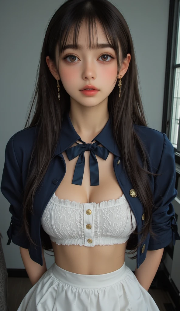(1 girl), (Surreal: 1.37, Ultra-high resolution: 1.30), (highest quality:1.4), Very cute face, (Beautiful intricately detailed eyes, Beautiful face with intricate details), ((long ponytail)), Real skin texture, RAW Photos, Professional photography,(school uniform, Pleated mini skirt:1.5), (Sleeveless light blue button-up shirt), (Blue checked bow tie), Skin-tight clothing、(Cleavage:1.3), (Expose shoulders, arms and legs), Laugh a little, (look at me), Luxurious Room, Portrait of a Girl, Written boundary depth, Cinematic Light, Ray Tracing, (Intricately detailed beautiful lips, Intricately detailed and beautiful hair features, Beautiful face with intricate detailsの特徴, Intricately detailed and beautiful clothing features, ((squat)),