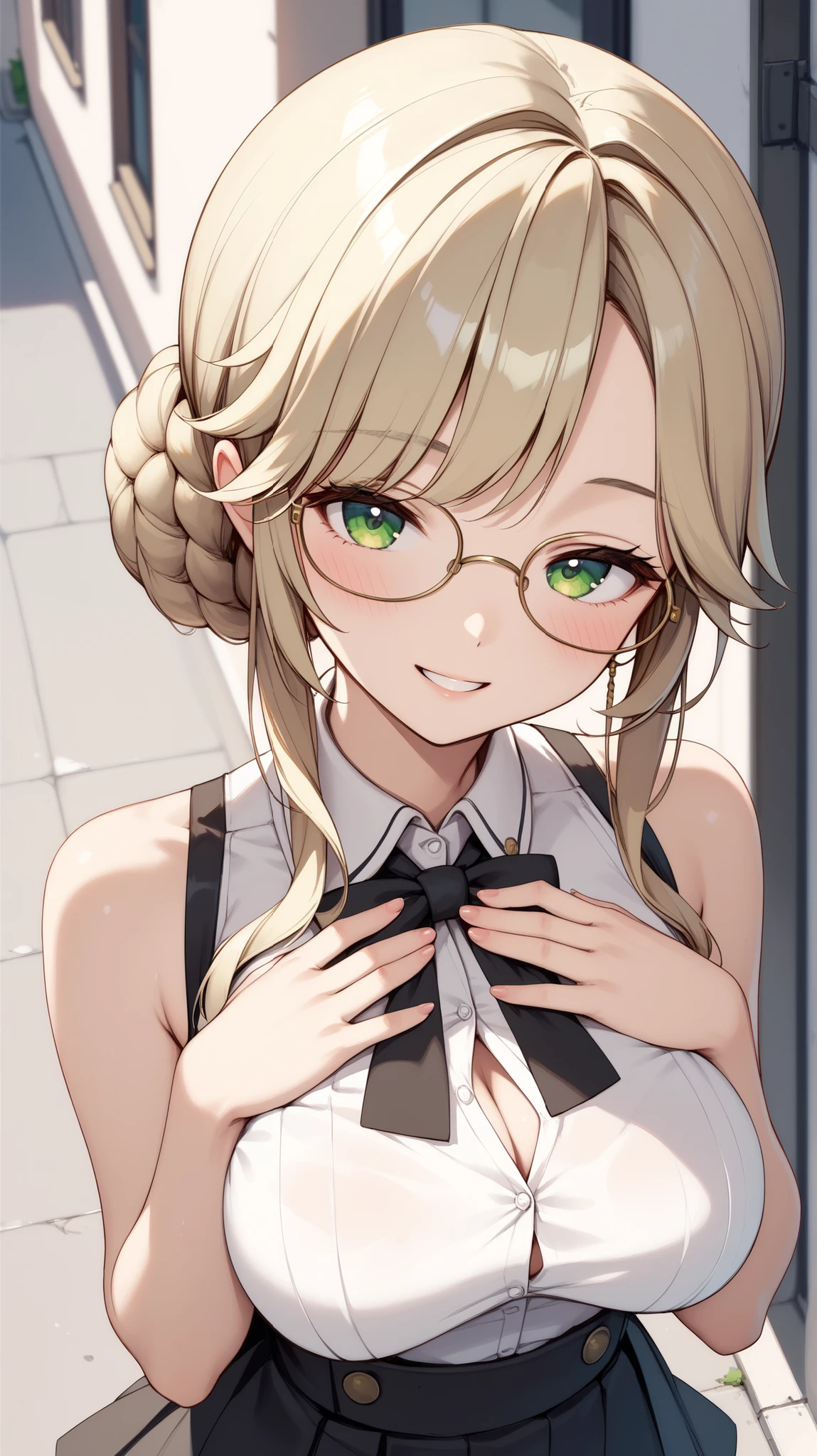 {Highest quality}, {so beautiful}, {Very detailed,beautiful face:1.4}, {Best illustrations},ade, green eyes, glasses, blonde hair, bangs, braid, hair bun, breast,white Sleeveless shirt,simple shirt,bare shoulders,black Flared skirt, mini skirt,(blush、half closed eyes,smile)、Hands on chest,Upper body, from above,Shinjuku, street,